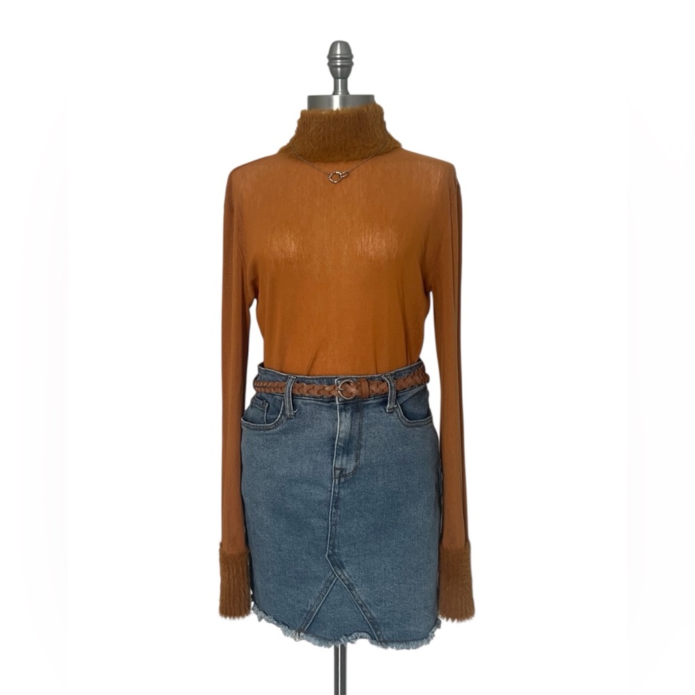 Free People Sashat Honey Mustard Mesh Fur Trim Top Size Large